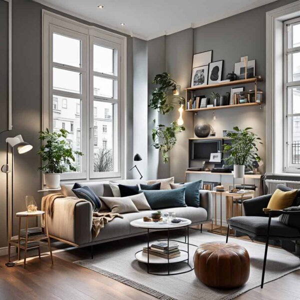 living room with gray couch , large windows and small round coffee table