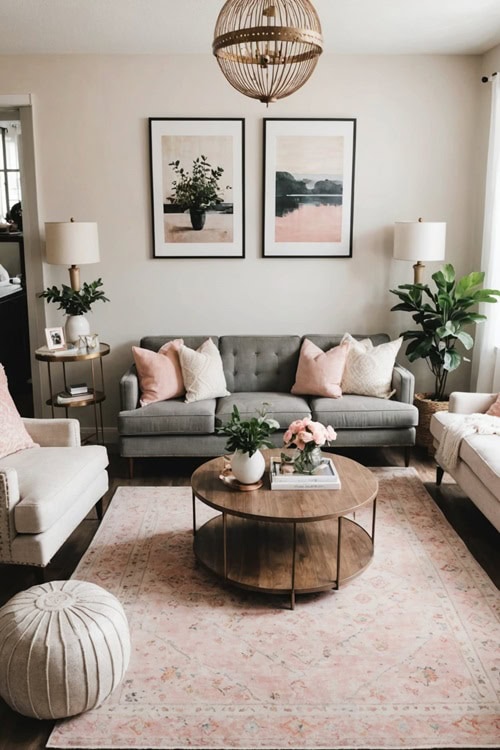 living room with pink an gray colors, gray couch pink rug