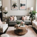 living room with pink an gray colors, gray couch pink rug