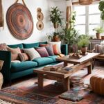 living room with teal couch , wall art and plants