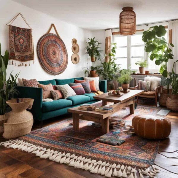 living room with teal couch , wall art and plants