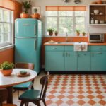 _mid-century modern kitchen with blue cabinets and orange and white checkered floor