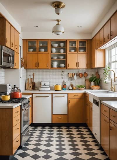 _mid-century modern kitchen with wood cabinets and black and white checkered floor