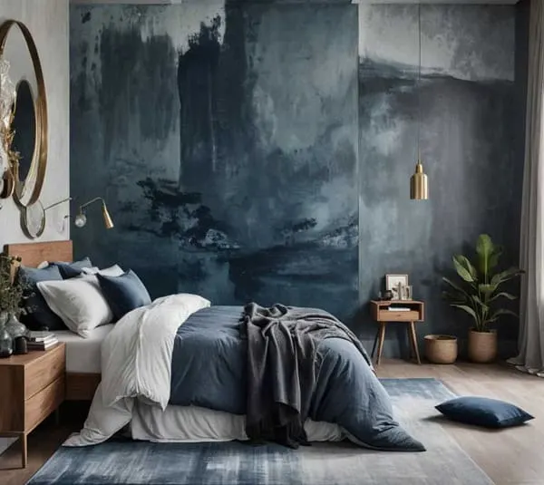 moody blue bedroom with bed and blue accent wall (1)