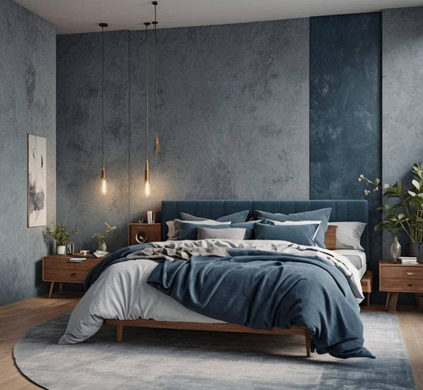 moody blue bedroom with bed and blue accent wallpaper