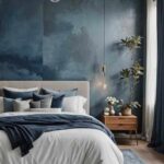 moody blue bedroom with bed and blue wallpaper