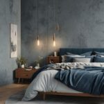 moody blue bedroom with bed and blue walls