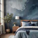 moody blue bedroom with bed, blue wallpaper