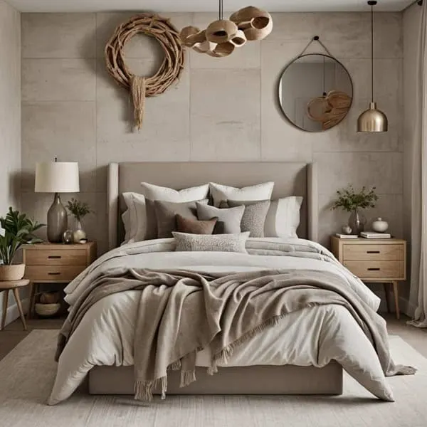 neutral bedroom with bed, nightstand and a drift wood wreath on the wall