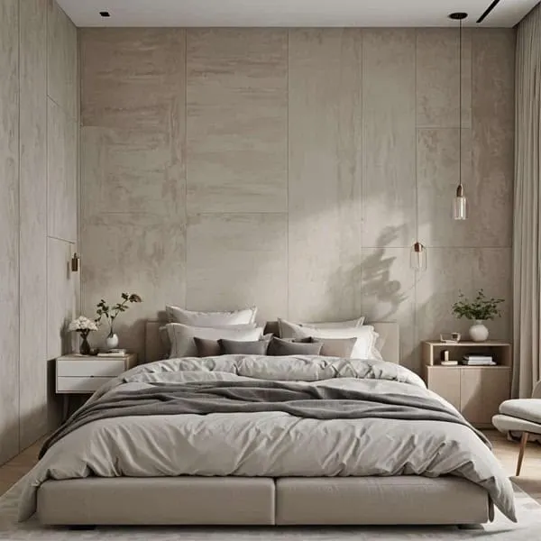 neutral bedroom with bed, nightstand and chair_1