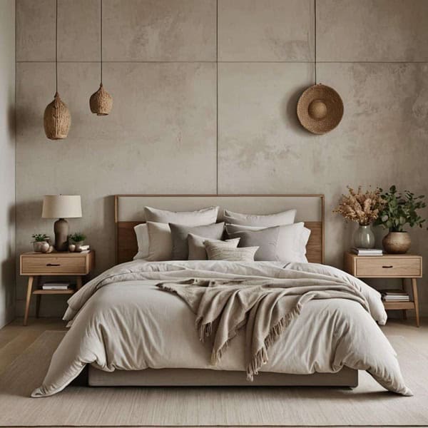 neutral bedroom with bed, nightstand and wall decor