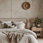 neutral bedroom with bed, nightstand and wall decor