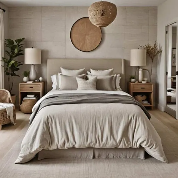 neutral bedroom with bed, nightstands, and natural light fixture