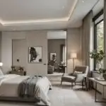 neutral bedroom with bed, seating area and window