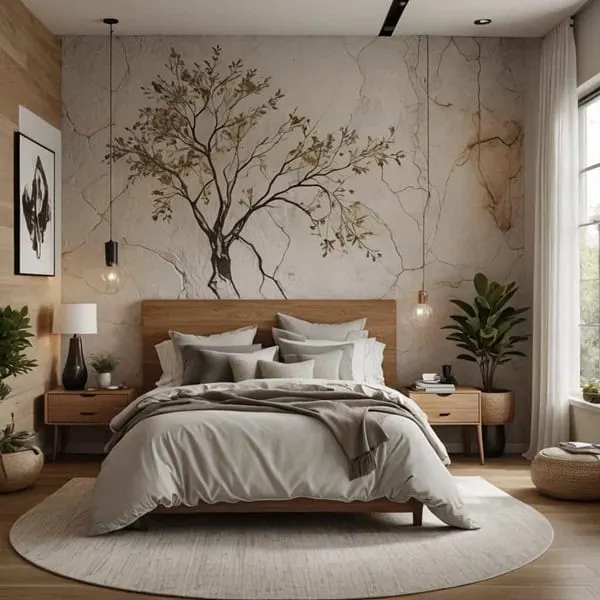 neutral bedroom with bed, tree wall stencil and wood accent wall