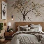 neutral bedroom with bed, tree wall stencil and wood accent wall
