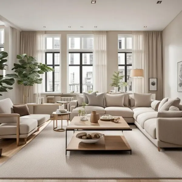 neutral living room with large sectional couch and coffee table