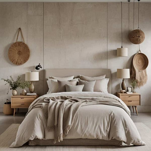 neutral modern bedroom with bed, nightstand and wall decor