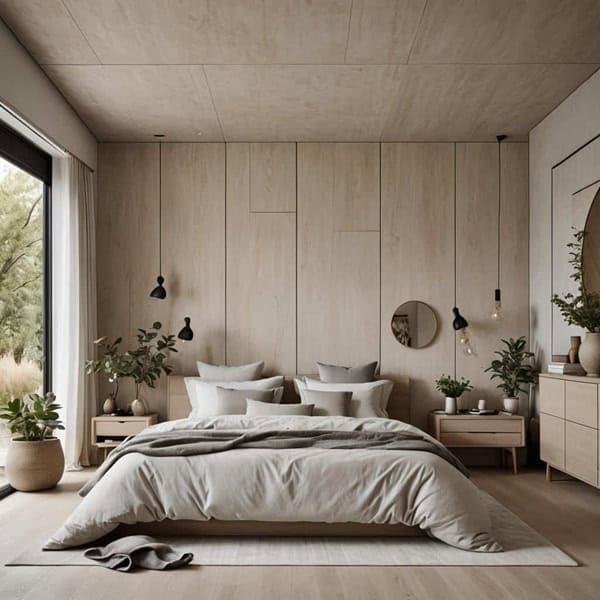 neutral modern bedroom with bed, nightstand , and wallpaper