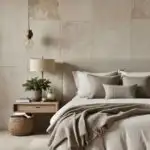 neutral modern bedroom with bed, nightstand and wallpaper