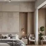 neutral modern bedroom with bed, nightstand, light fixture and seating area