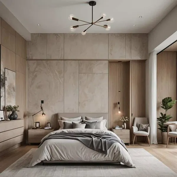 neutral modern bedroom with bed, nightstand, light fixture and seating area