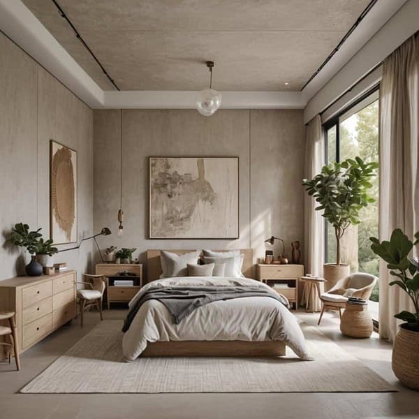 neutral modern bedroom with bed, nightstand, light fixture and seating area with window
