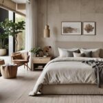 neutral modern bedroom with bed, nightstand , seating area and wall art