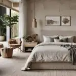 neutral modern bedroom with bed, nightstand , seating area and wall art