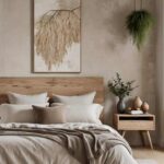 neutral modern bedroom with bed, nightstand, wall art and hanging plant