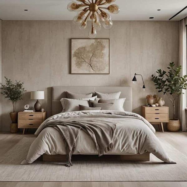 neutral modern bedroom with bed, nightstands, and large light fixture