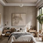 neutral modern bedroom with bed, nightstands, and light fixture