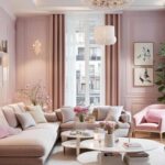 pink and gold living room with couches and coffee table