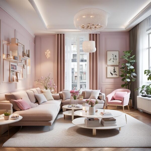 pink and gold living room with couches and coffee table