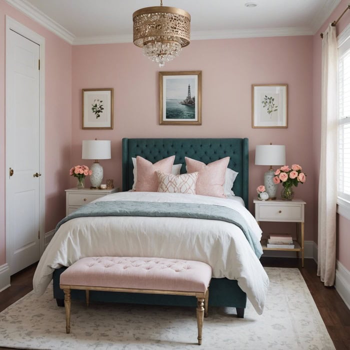 small Bedroom with bed and teal head board , pink walls and wall decor