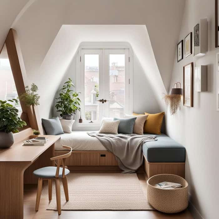 small Bedroom with bed in a nook, a desk and window