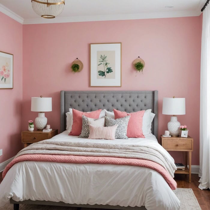 small Bedroom with bed, pink walls and wall decor