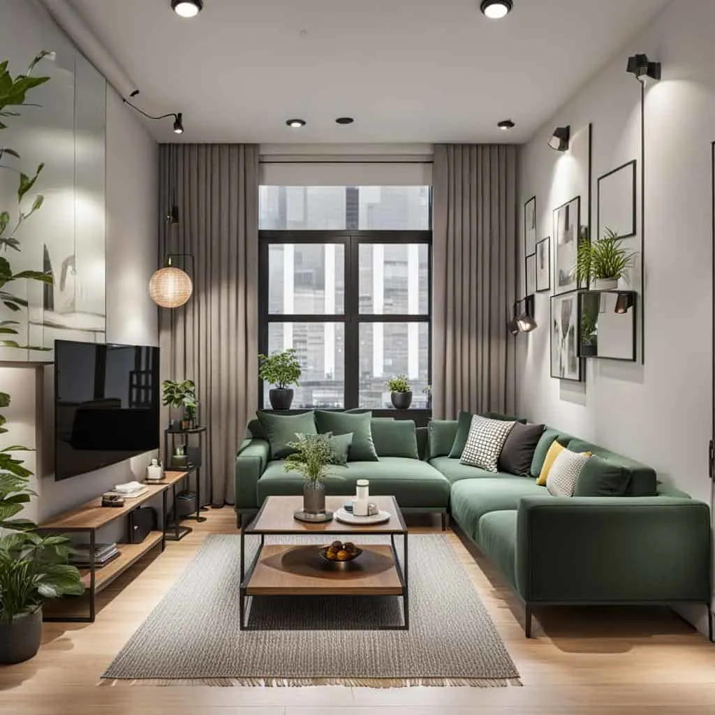 small apartment living room wih green sectional windows, square coffee table, tv and plants