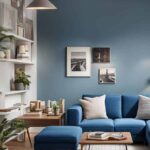 small apartment living room with blue couch and wall shelving