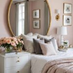 small bedroom with feminine accents and a mirror