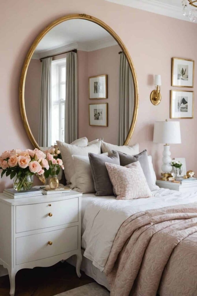 small bedroom with feminine accents and a mirror