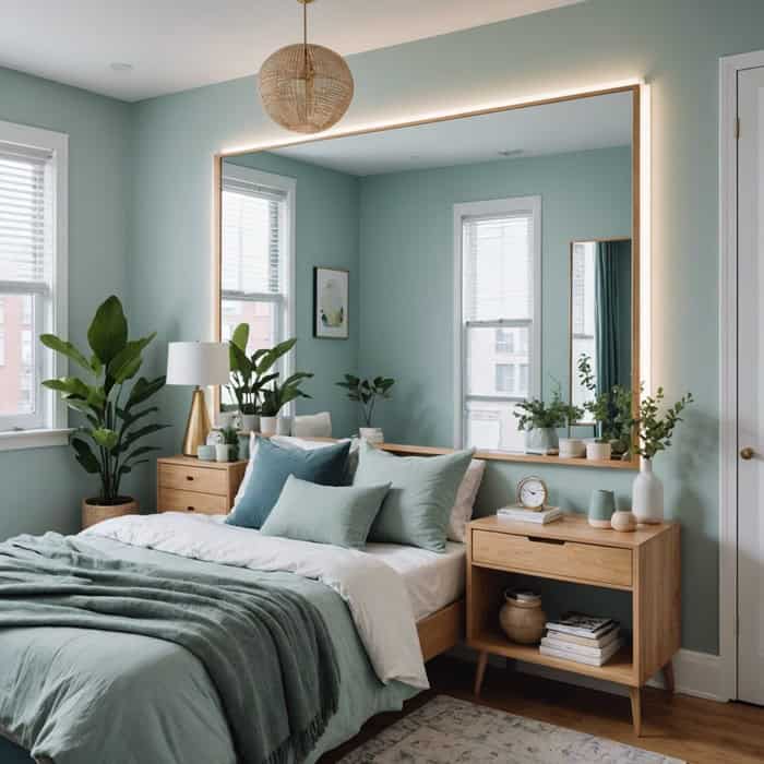 small blue green Bedroom with large mirror behand the bed