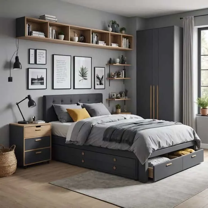 small gray bedroom with a bed that has storage underneath it