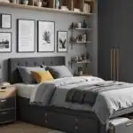 small gray bedroom with a bed that has storage underneath it