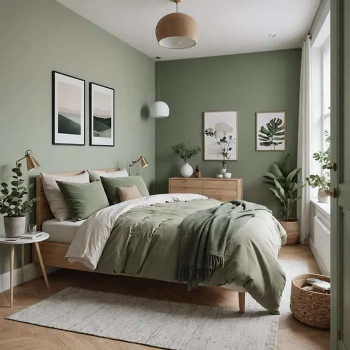 small green bedroom with wit bed and plants