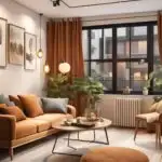 small living room with warm toned accents and decor