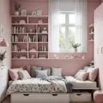 small pink bedroom with a low bed, and shelving above it