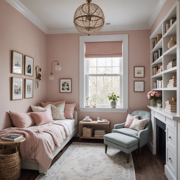 small pink bedroom with twin sized bed and chair