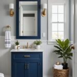 Bathroom with a navy blue vanity