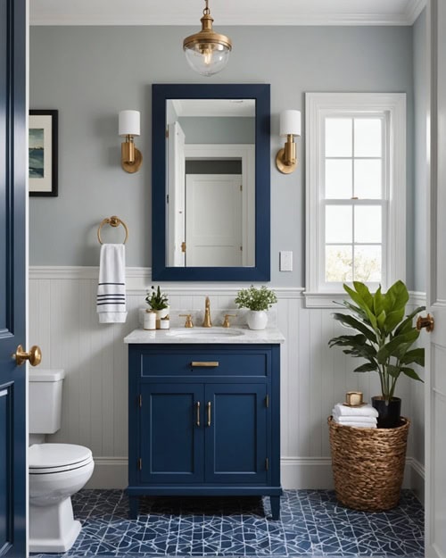 Bathroom with a navy blue vanity